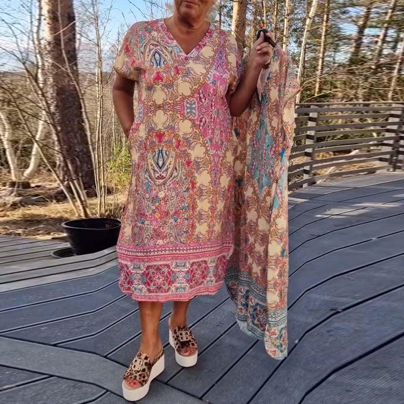 Robe Femme Midi Imprimée Col V Coupe Droite Confort Été