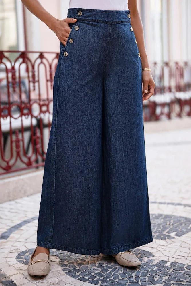 Jean large femme taille haute à boutons décoratifs