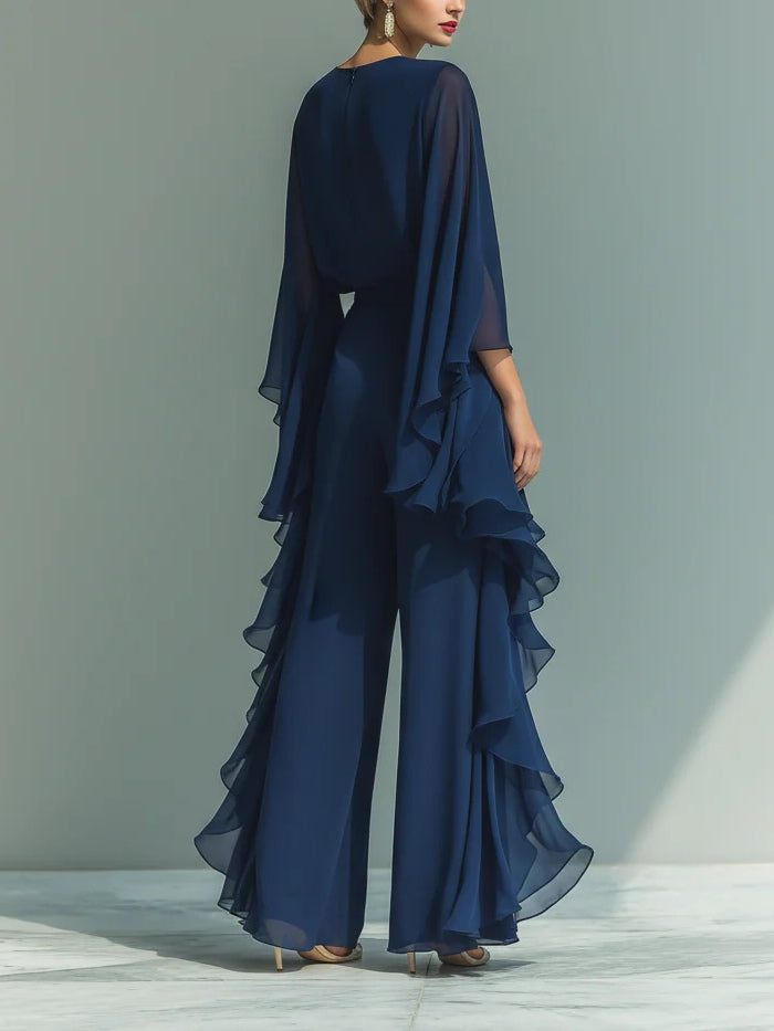 Ensemble Femme Chiffon Fluide Manches Évasées Volants Coupe Élégante
