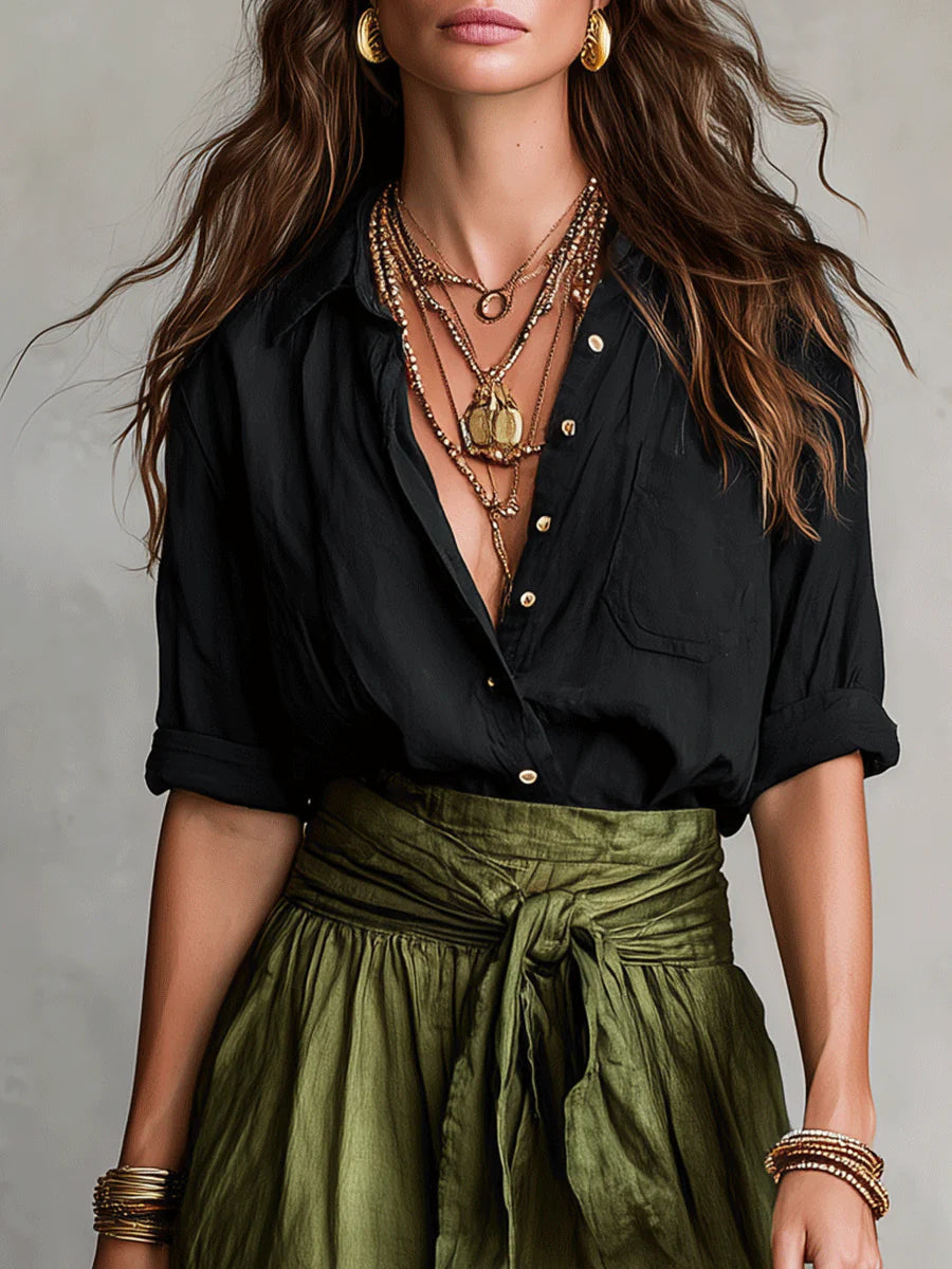Ensemble Femme Deux Pièces T-shirt Noir Jupe Midi Taille Haute Élégante