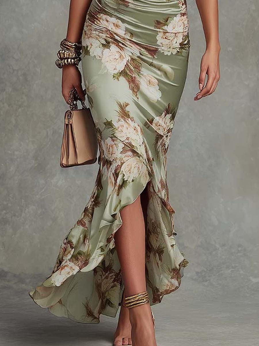Robe longue femme en satin à imprimé floral et col V