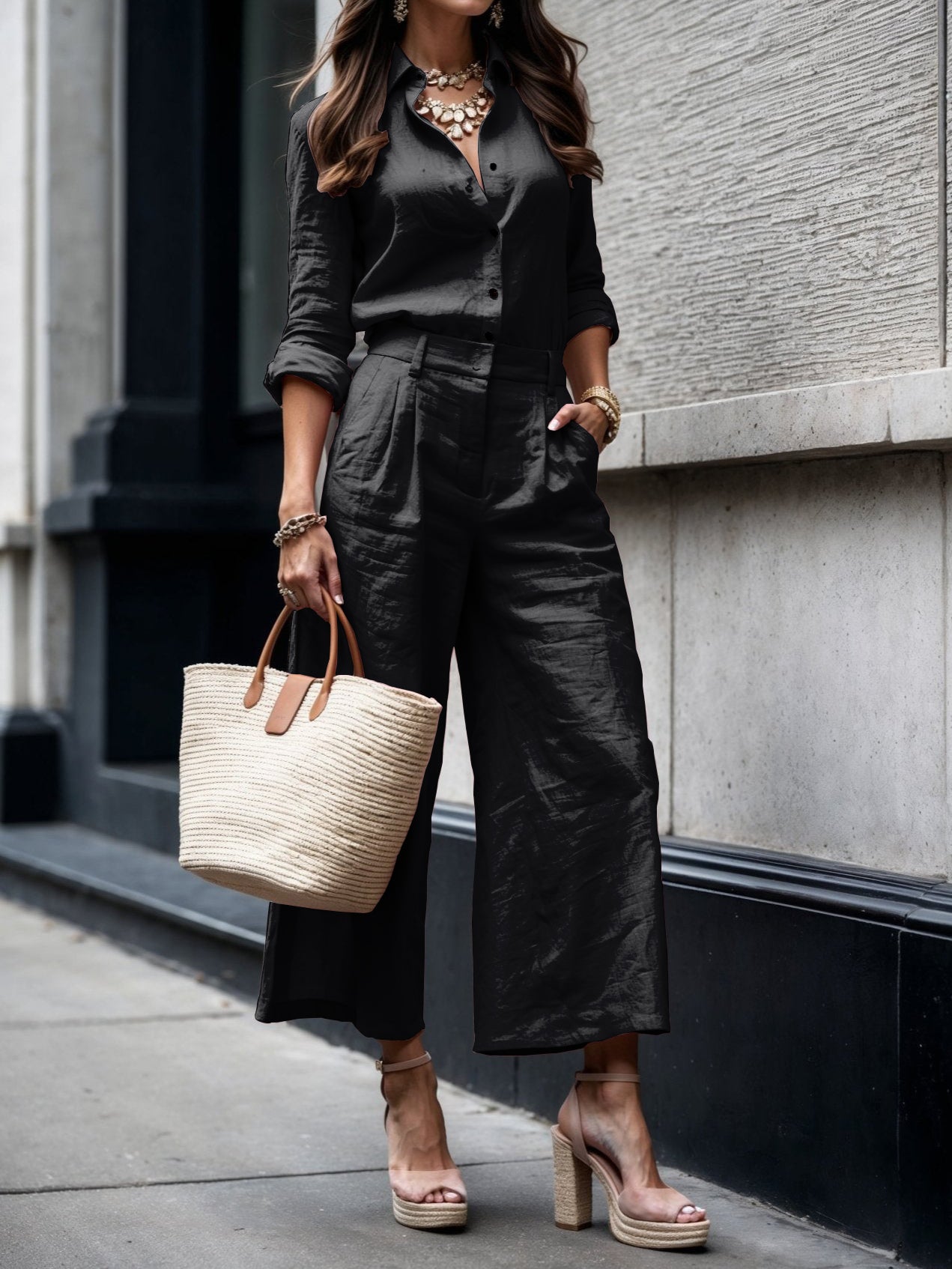 Ensemble femme en lin avec chemise et pantalon large