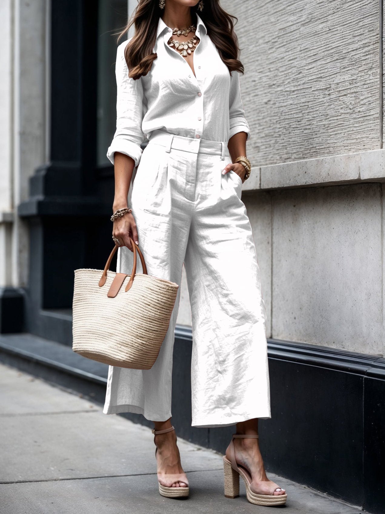 Ensemble femme en lin avec chemise et pantalon large