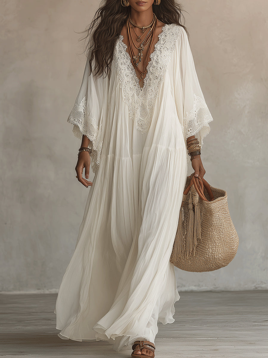 Robe maxi femme bohème fluide avec dentelle raffinée