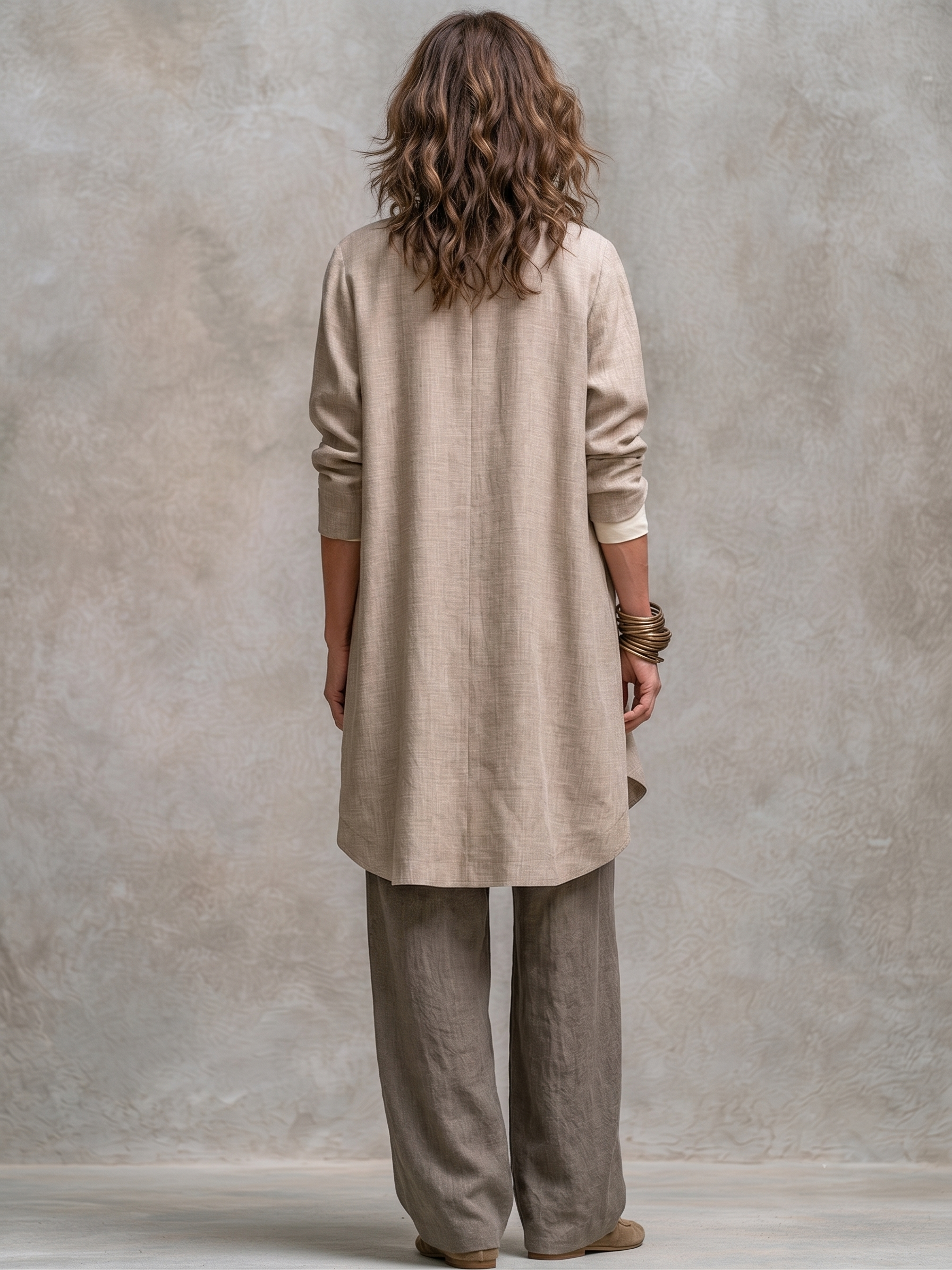 Ensemble femme trois pièces effet lin avec pantalon large
