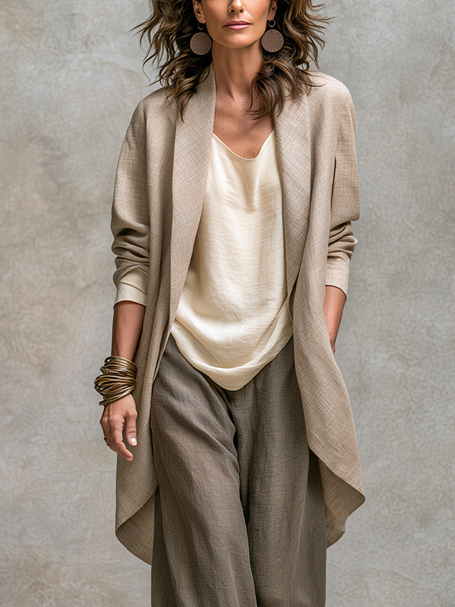 Ensemble femme trois pièces effet lin avec pantalon large