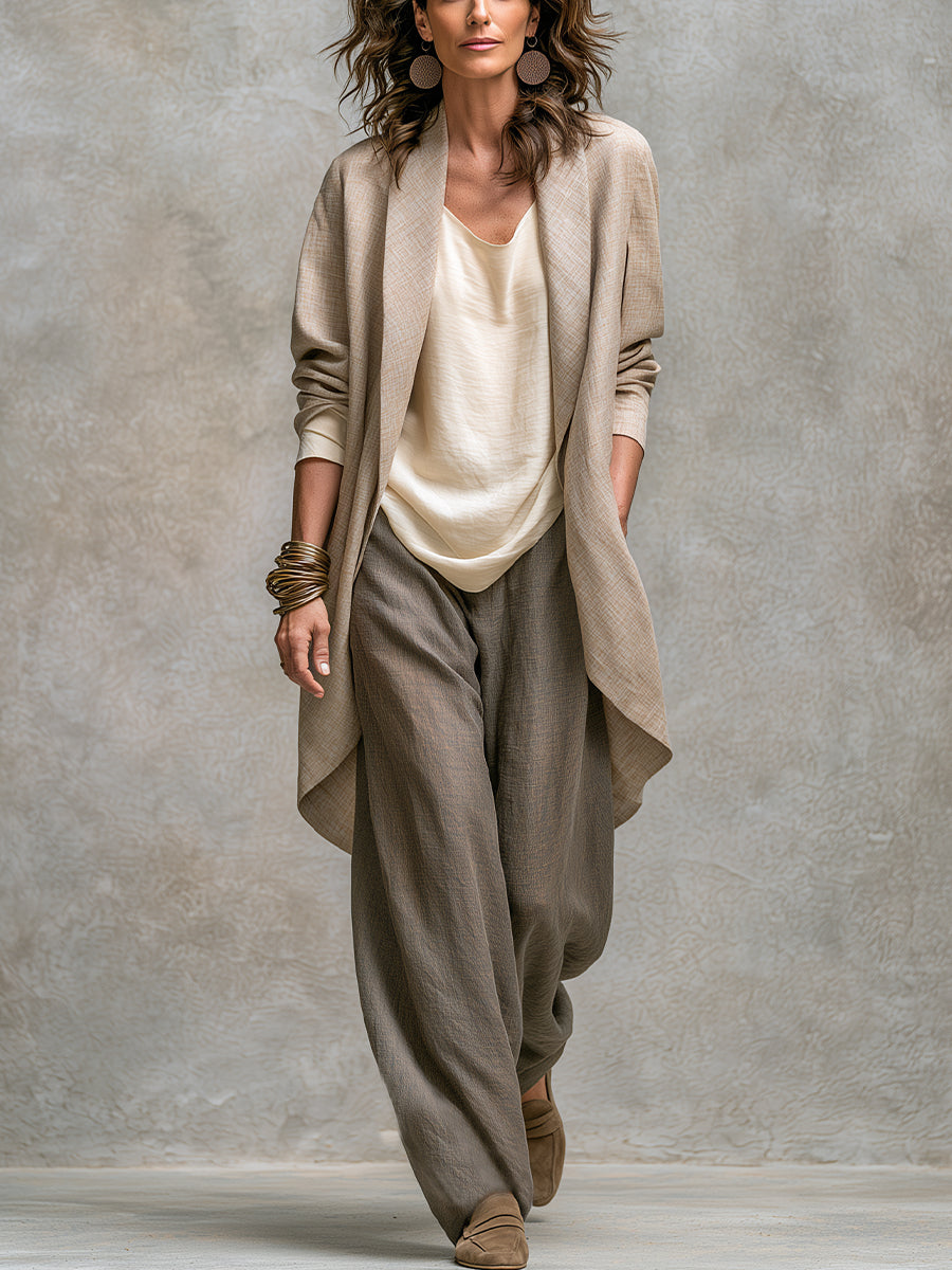Ensemble femme trois pièces effet lin avec pantalon large