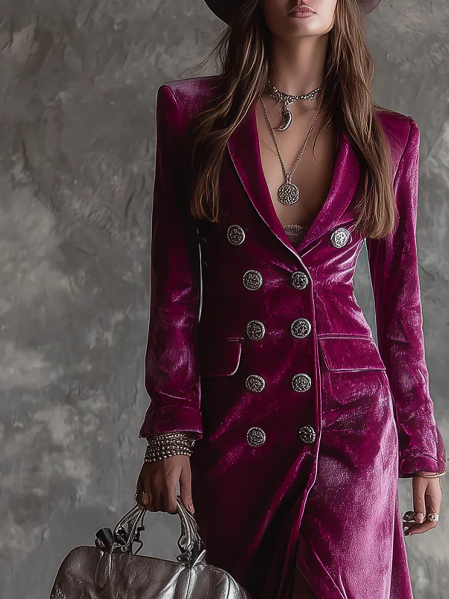 Robe blazer longue femme en velours – Élégance audacieuse, automne hiver