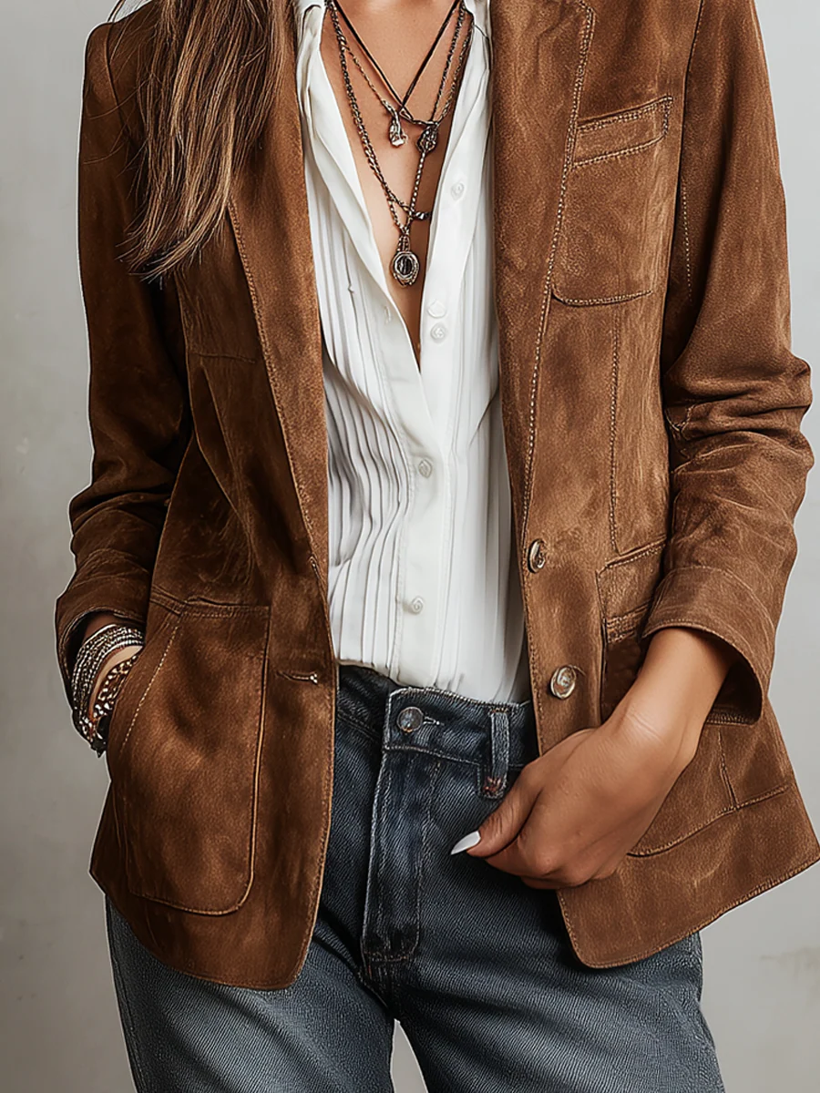 Blazer femme vintage boutonné avec poches structurées