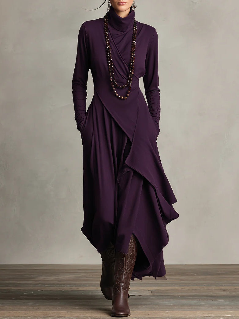 Robe longue femme drapée à col roulé asymétrique