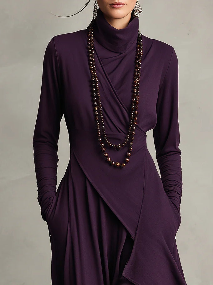 Robe longue femme drapée à col roulé asymétrique