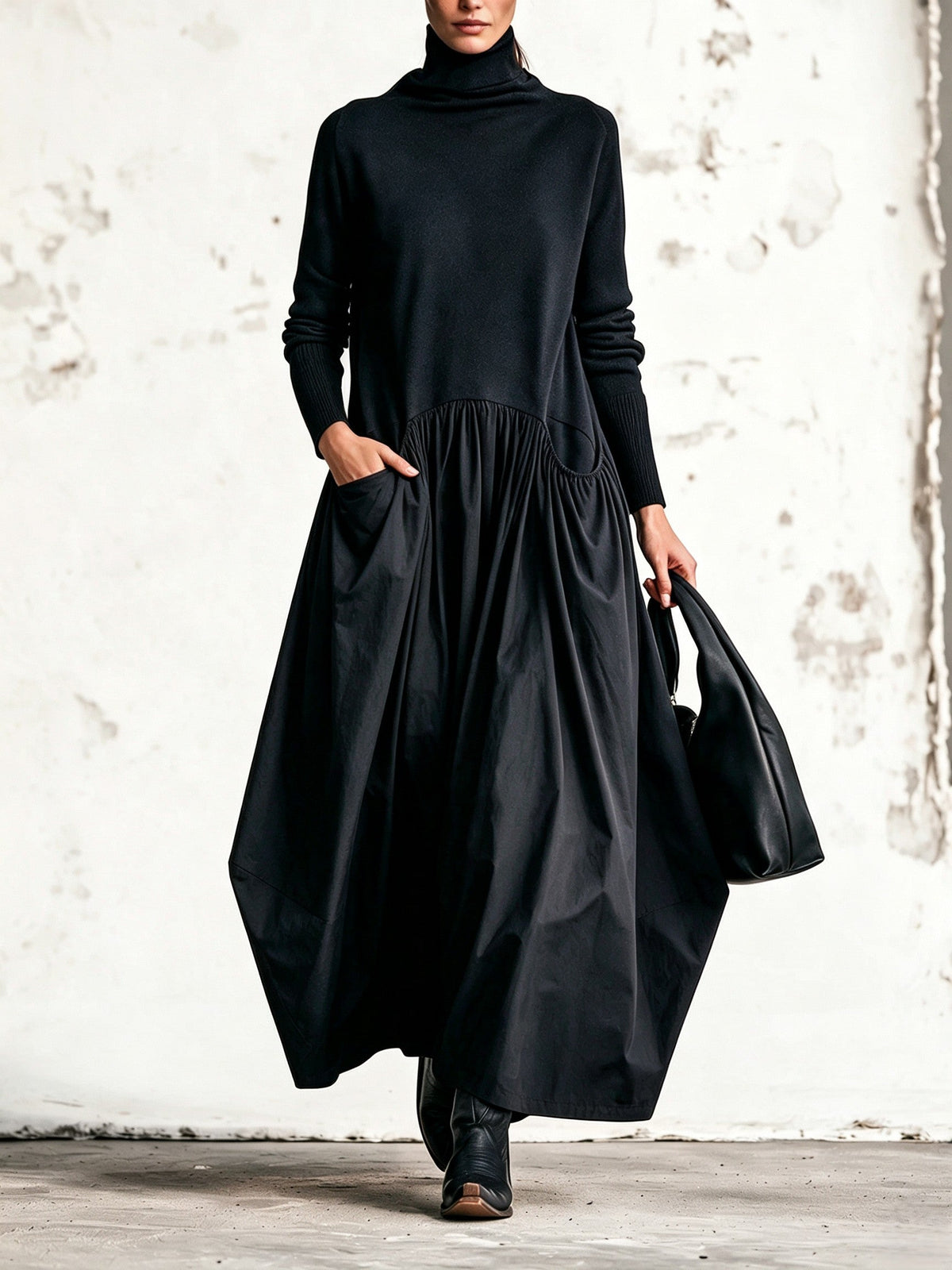 Robe longue femme oversize à col haut et poches