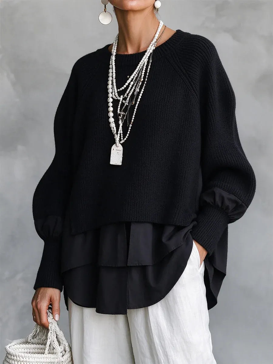 Pull femme en maille à manches raglan et effet superposé