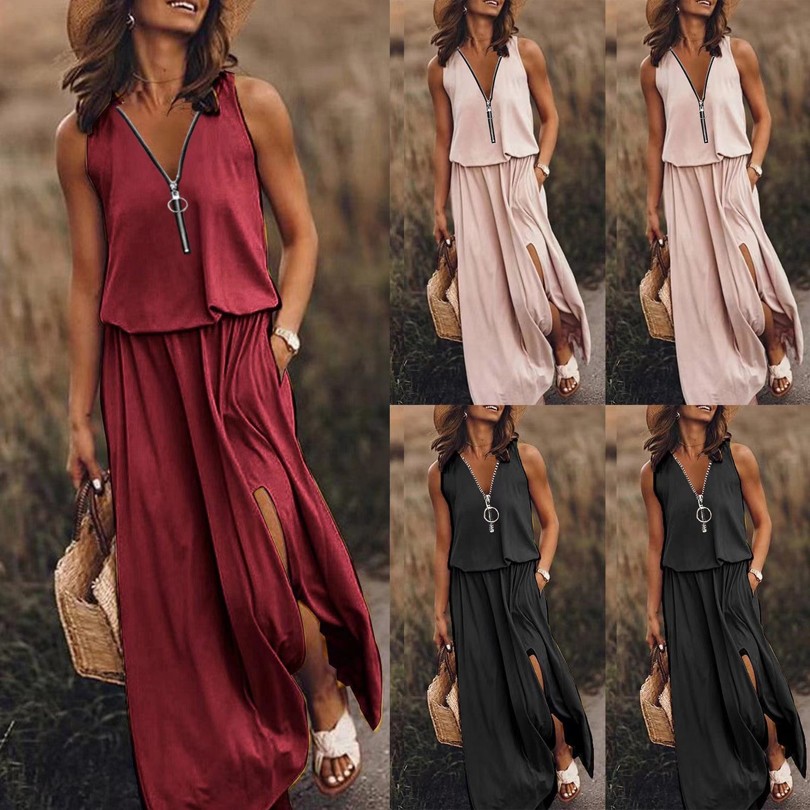 Robe Longue Femme Fluide Col V Zippé Coupe Ample Fendue Été