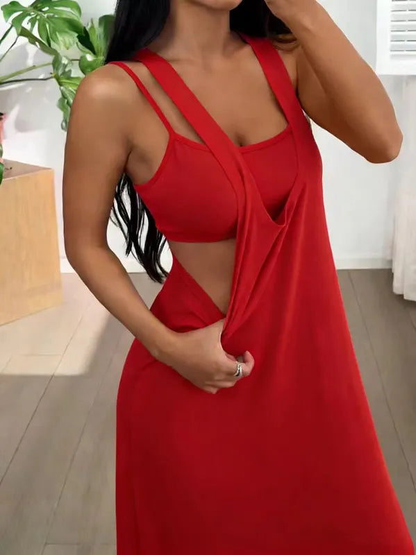 Robe longue femme effet deux pièces avec découpes latérales