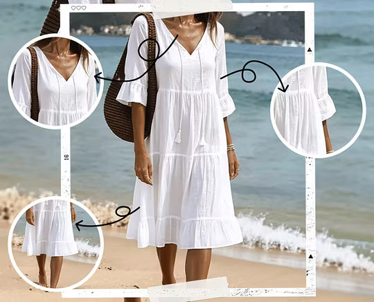 Robe midi femme en coton à col V et coupe fluide