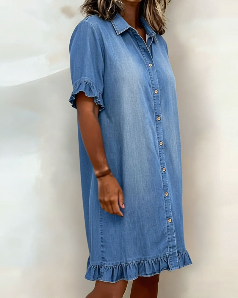 Robe femme en denim confortable avec boutons et détails volantés