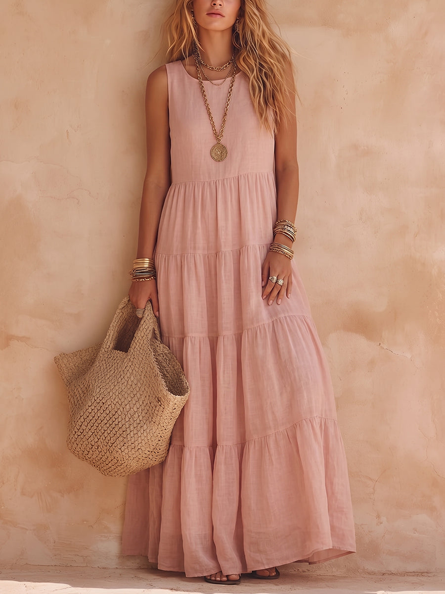 Robe longue sans manches en coton et lin pour femme