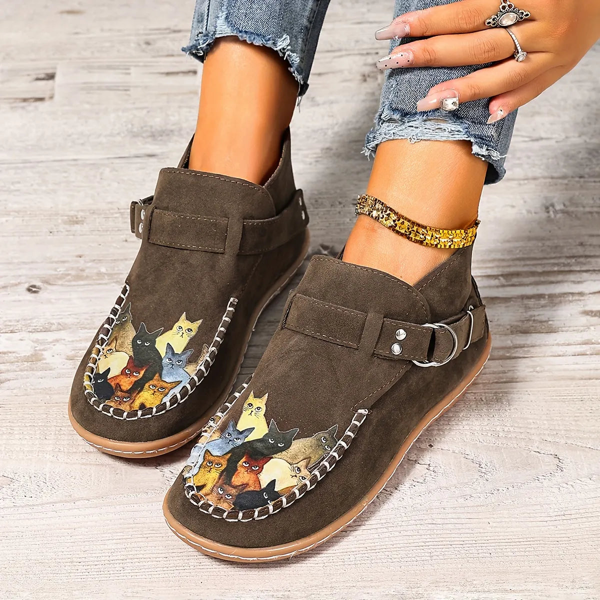 Mocassins femme imprimé chat à enfiler