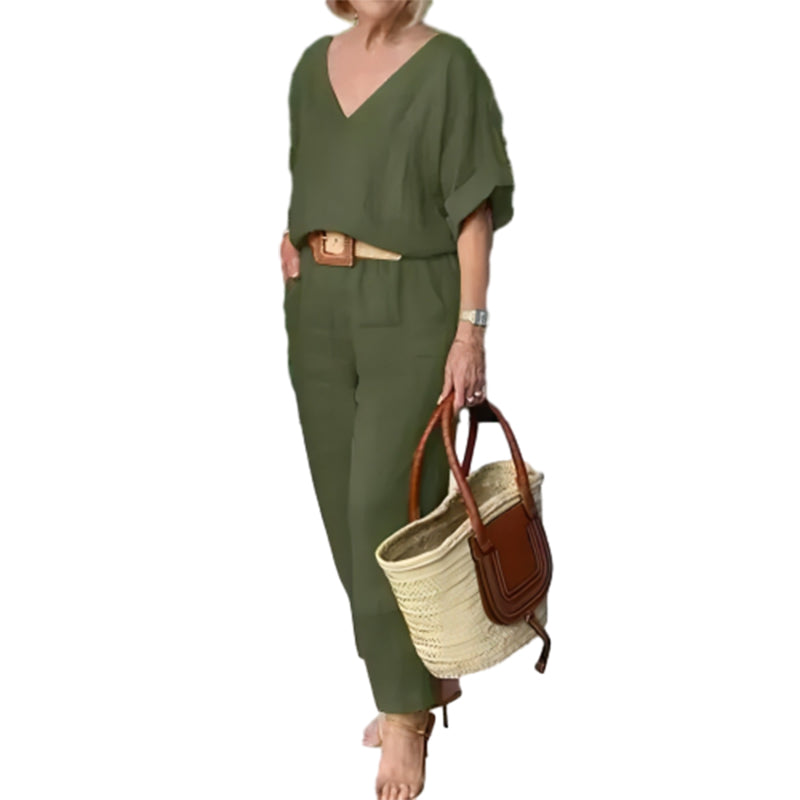 Ensemble Femme Col V Pantalon Ample Style Décontracté