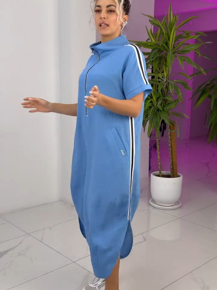 Robe Femme Longue Zippée Col Montant Coupe Fluide Style Sport Chic