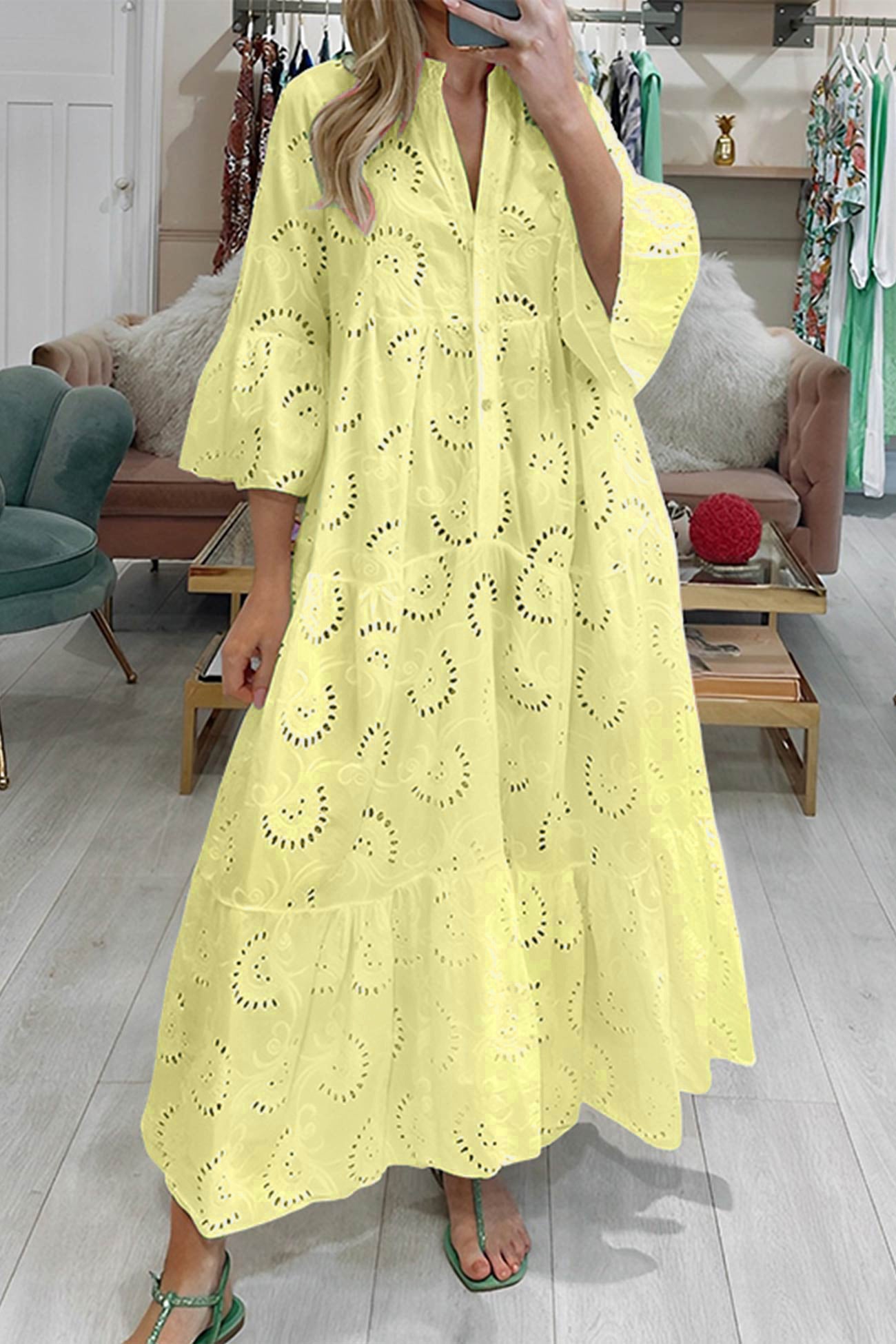 Robe longue femme coton brodé col V manches évasées fluide été bohème