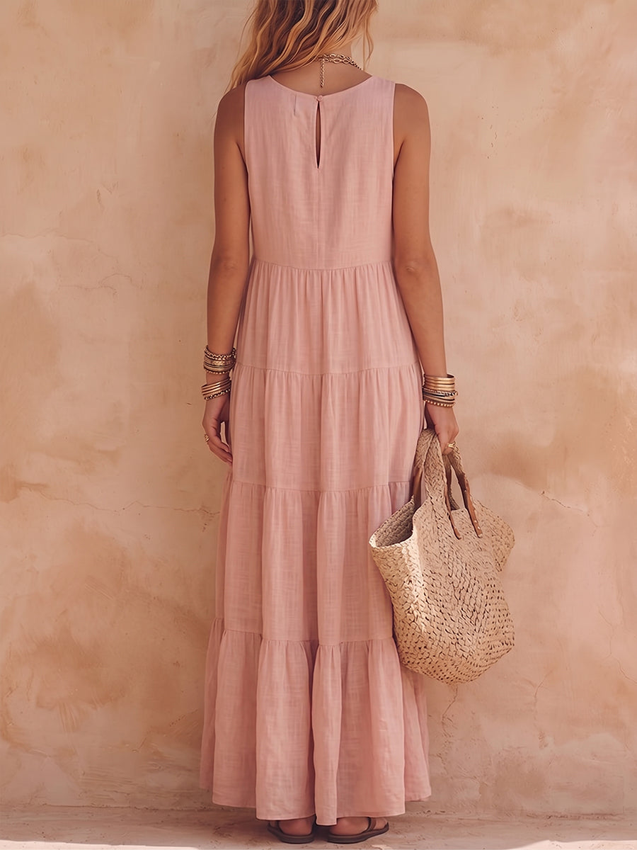 Robe longue sans manches en coton et lin pour femme