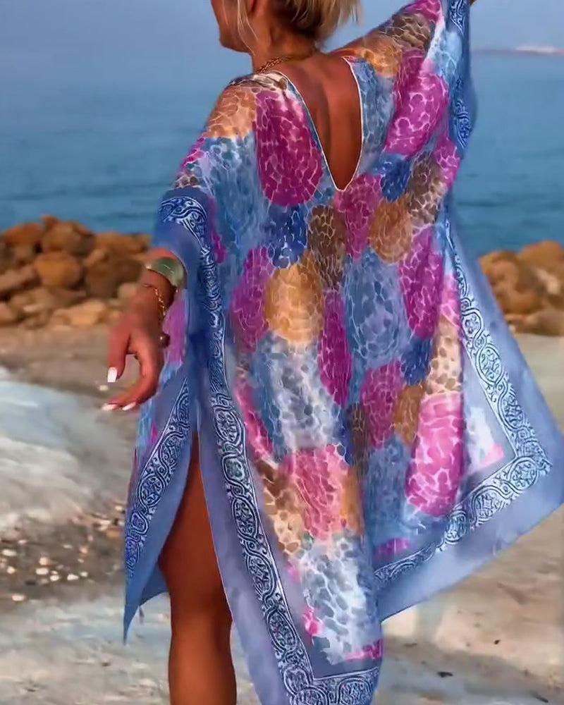 Robe de plage femme imprimée avec manches chauve-souris fluides