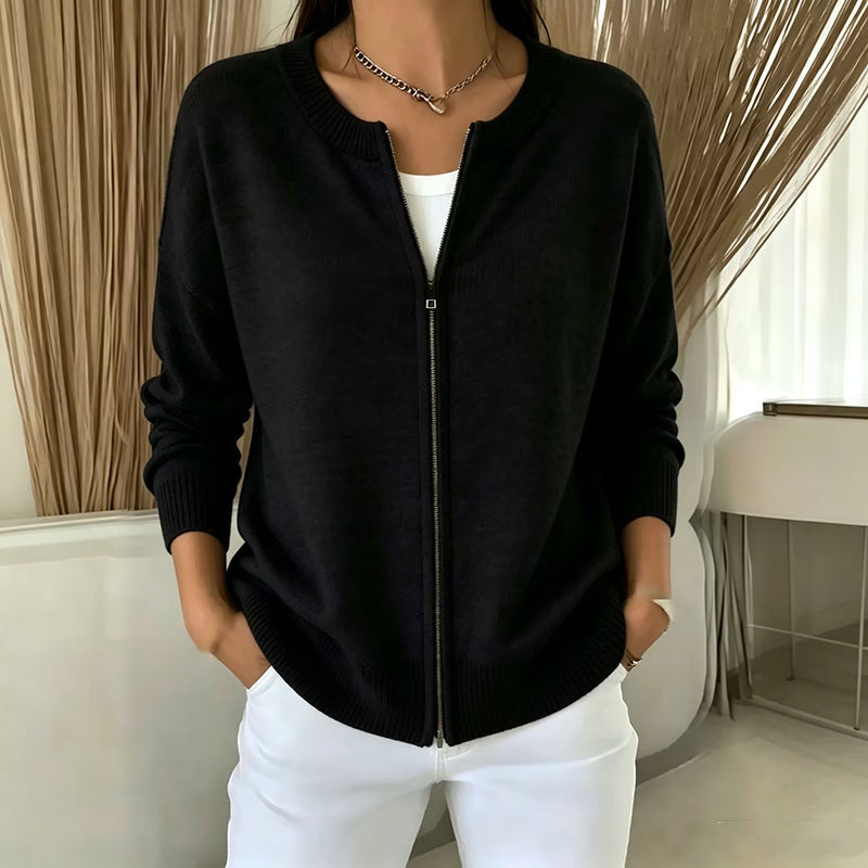 Cardigan en maille femme à col rond et fermeture zippée