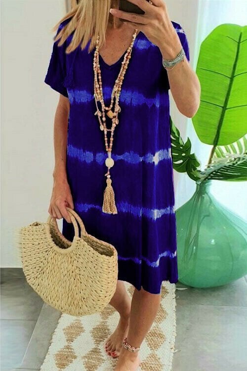 Robe t-shirt femme tie-dye à col V manches courtes