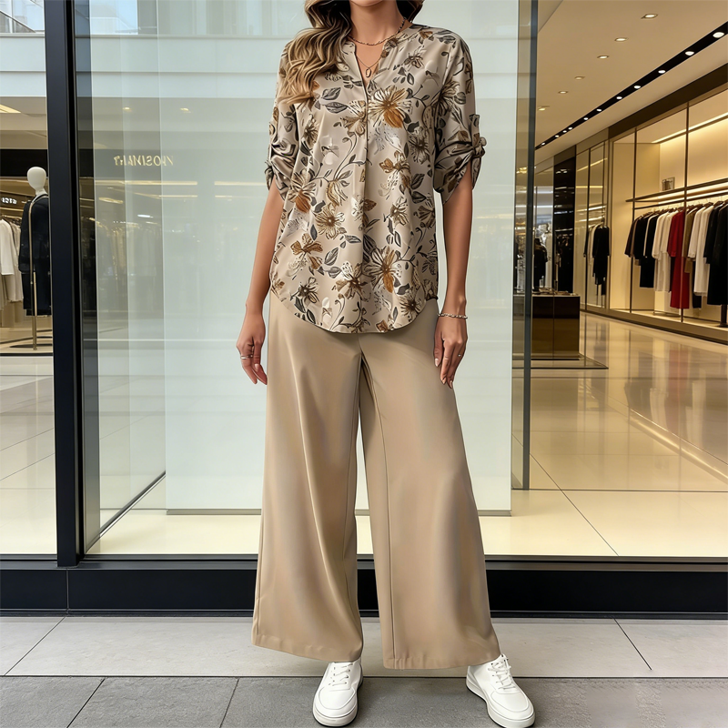 Ensemble Femme Blouse Florale et Pantalon Large Élégant