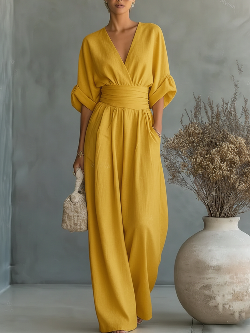 Combinaison Femme Fluide Col V Taille Marquée Élégante