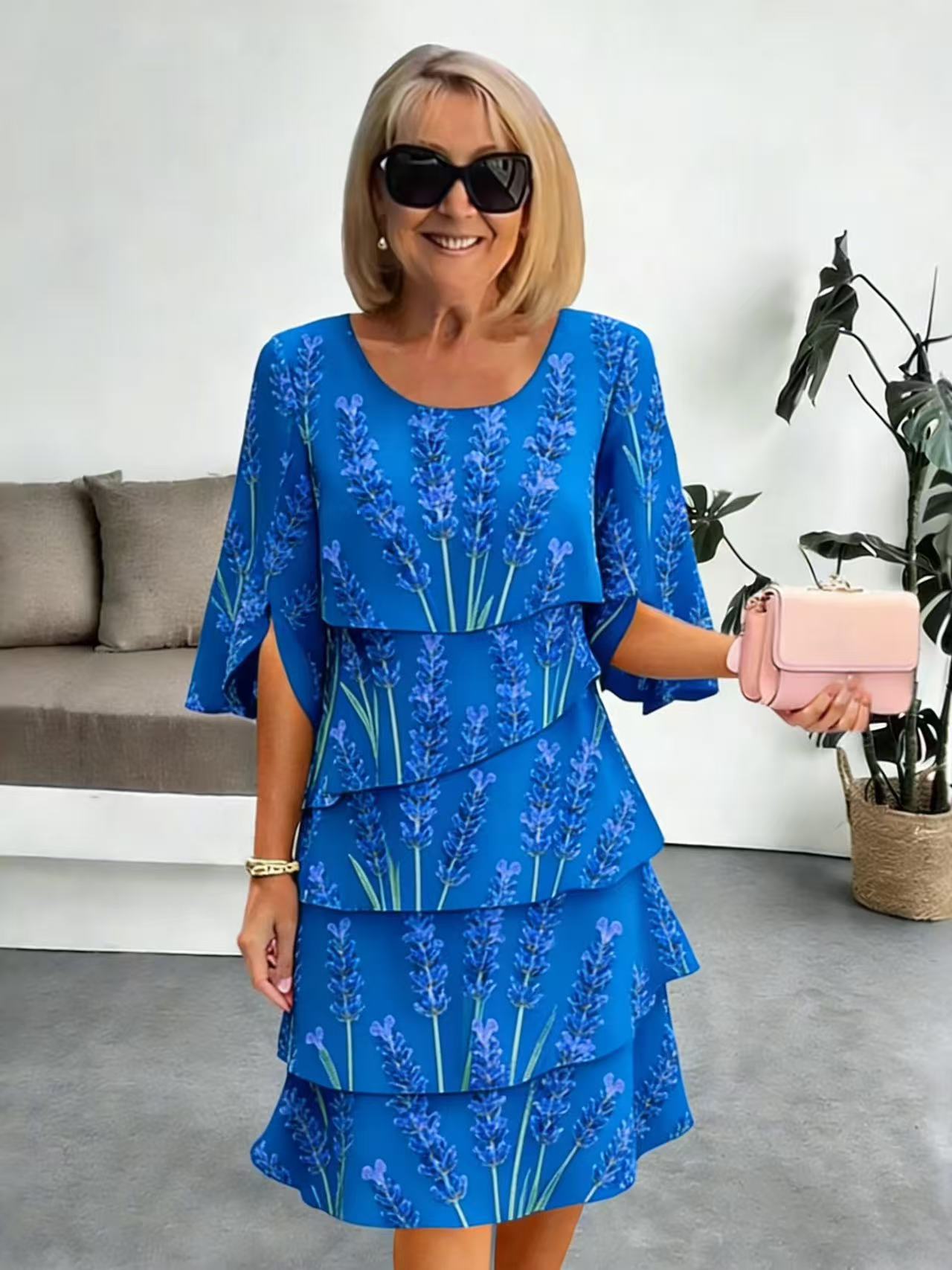 Robe Mi-Longue Femme Imprimé Lavande Volants Superposés Manches Fendues