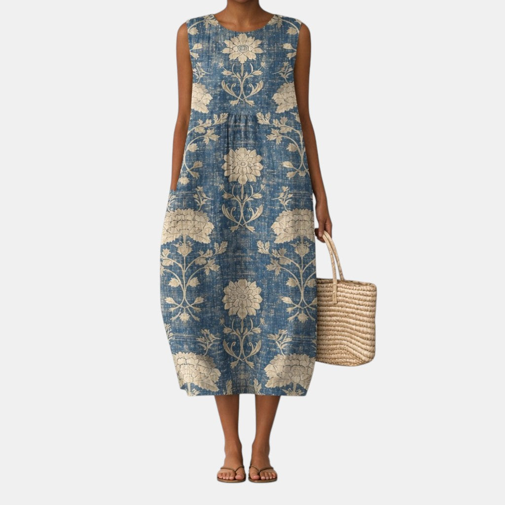 Robe midi femme fleurie sans manches à col rond