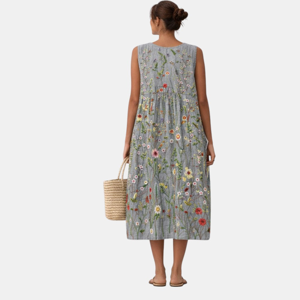 Robe midi femme fleurie sans manches à coupe fluide