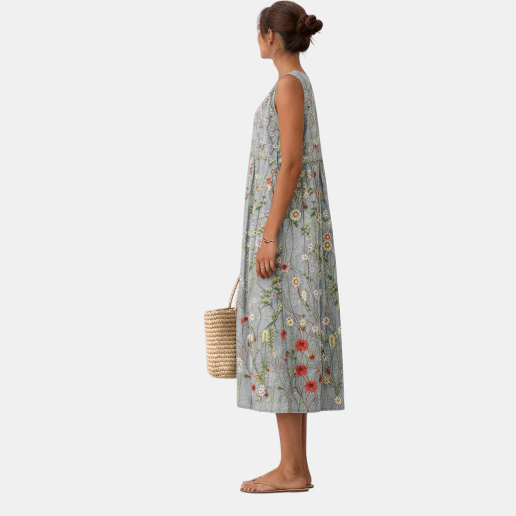 Robe midi femme brodée florale sans manches avec poches