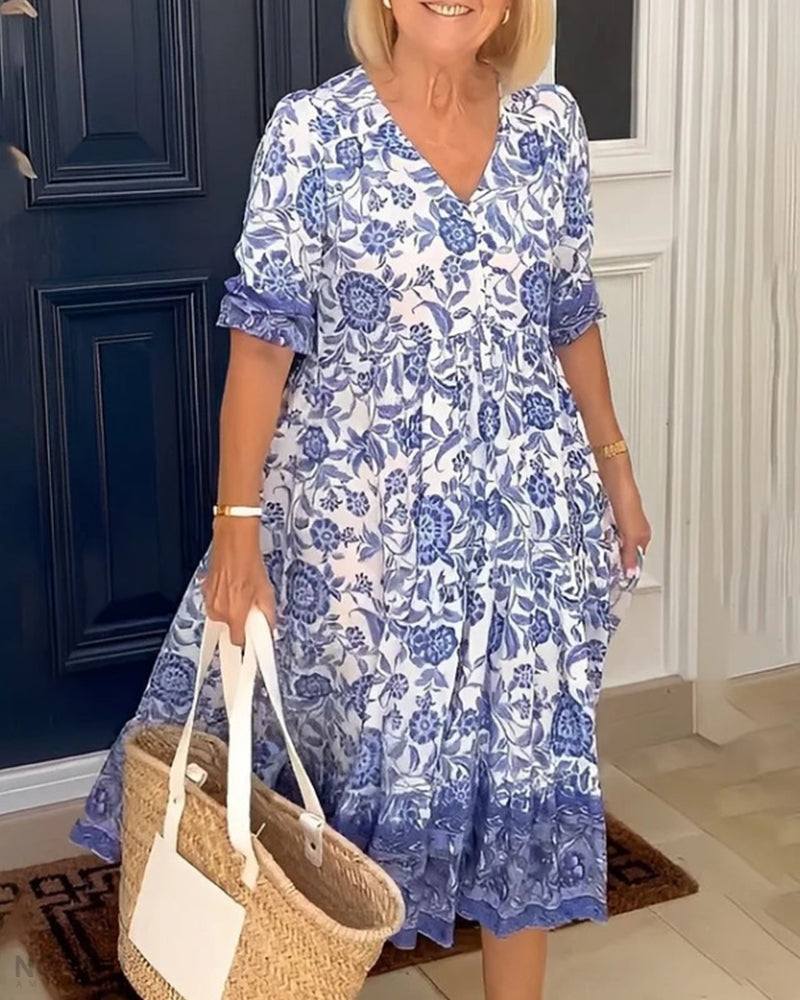 Robe Femme Florale Fluide Col V Manches Courtes pour Style Élégant et Confort Estival