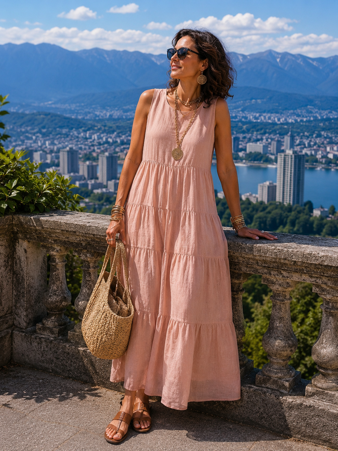 Robe longue sans manches en coton et lin pour femme