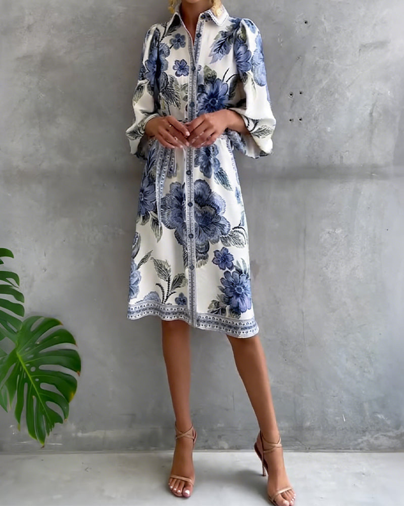 Robe Fleurie Élégante Femme à Manches Lanternes et Boutons
