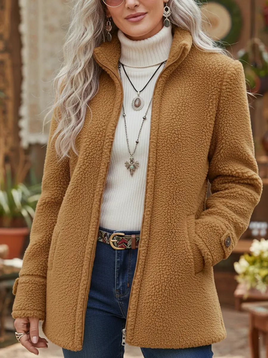 Veste femme zippée effet polaire – manteau chaud mi-long confortable