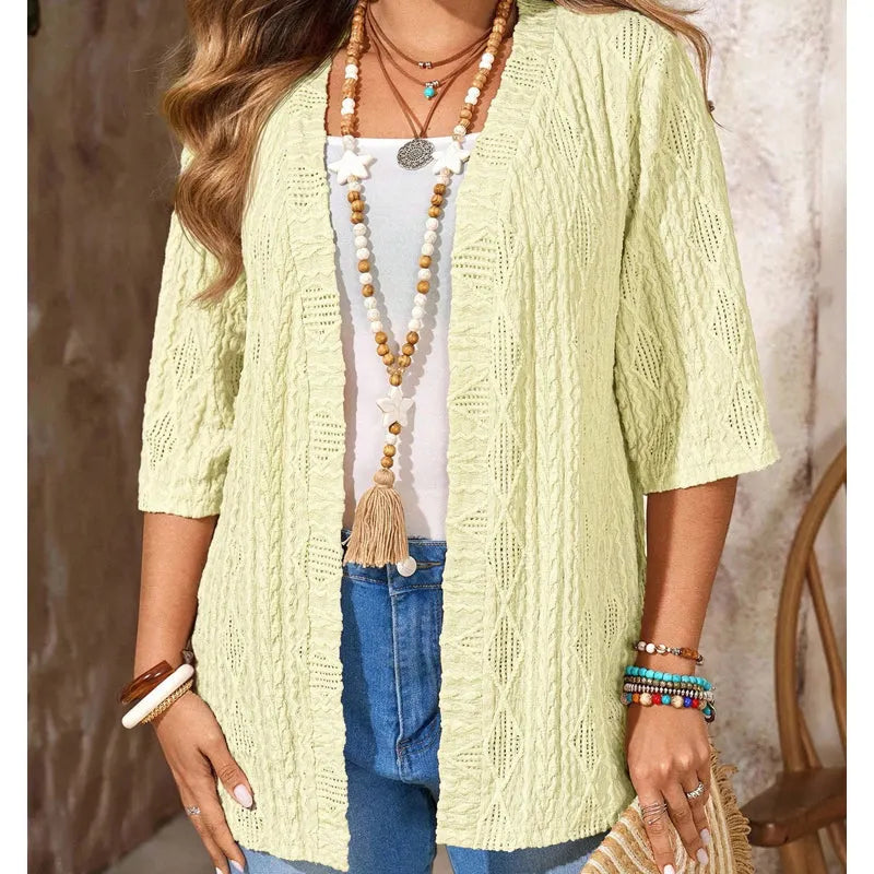 Cardigan femme ajouré ouvert à manches 3/4
