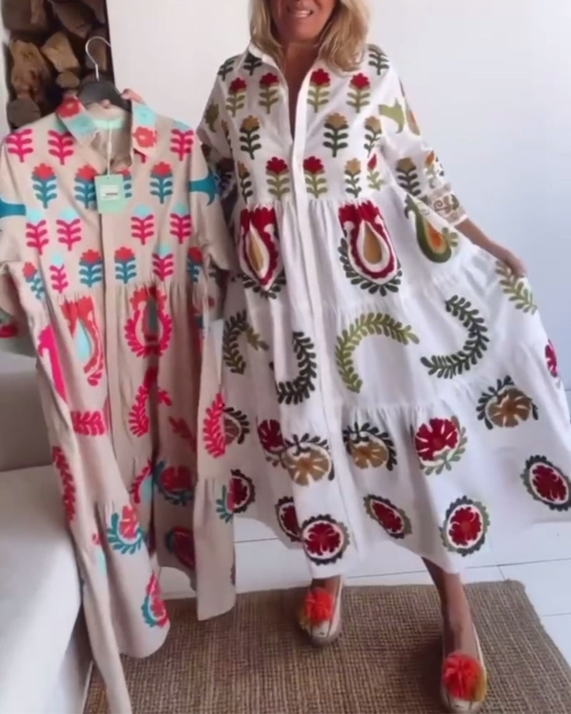 Robe Midi Ample à Motif Floral Stylisé