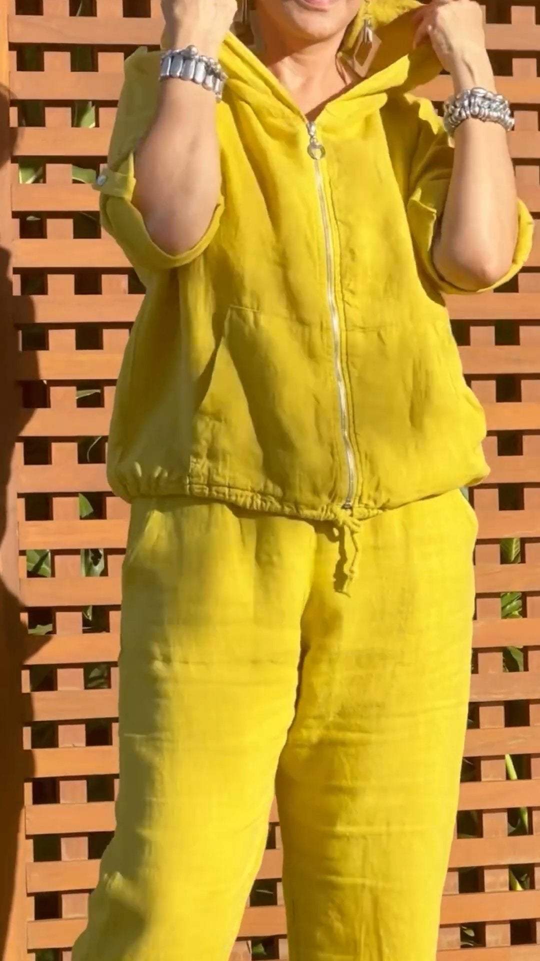Ensemble Femme Coton Lin Capuche Zippée Coupe Ample Été