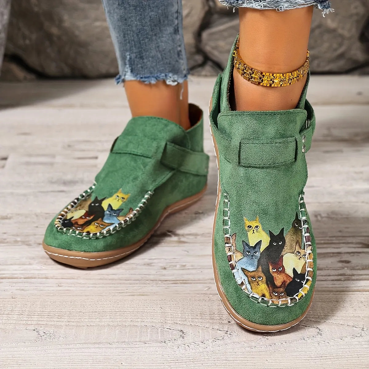 Mocassins femme imprimé chat à enfiler