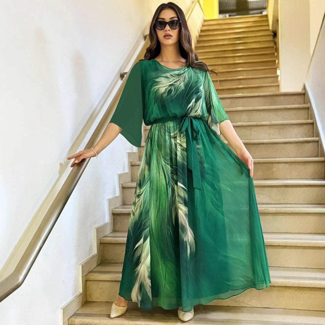 Robe Maxi Élégante en Chiffon Léger à Imprimé Vert