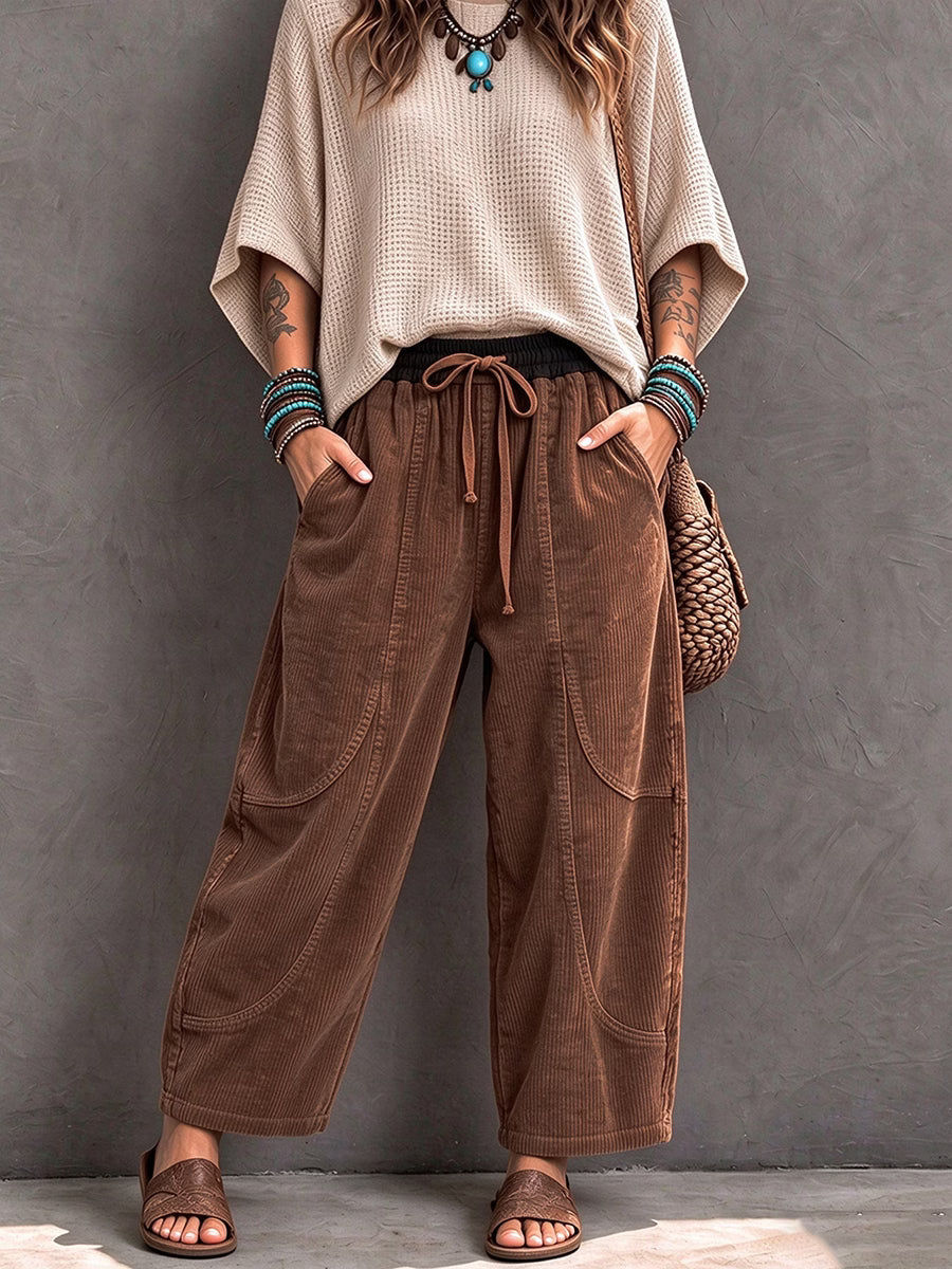 Pantalon harem femme en velours côtelé à taille élastique