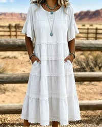 Robe femme midi en coton et lin avec volants délicats