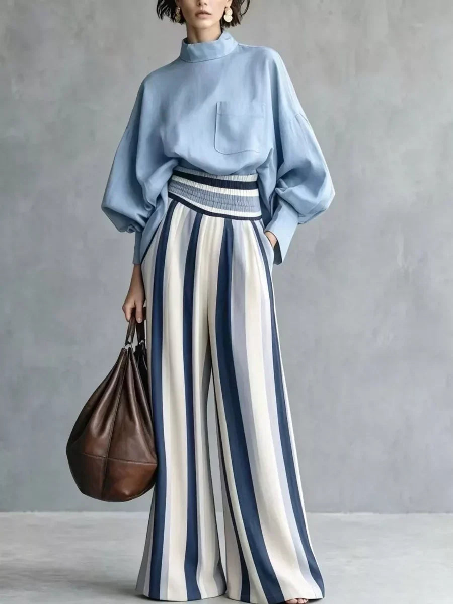 Ensemble femme col montant et pantalon rayé