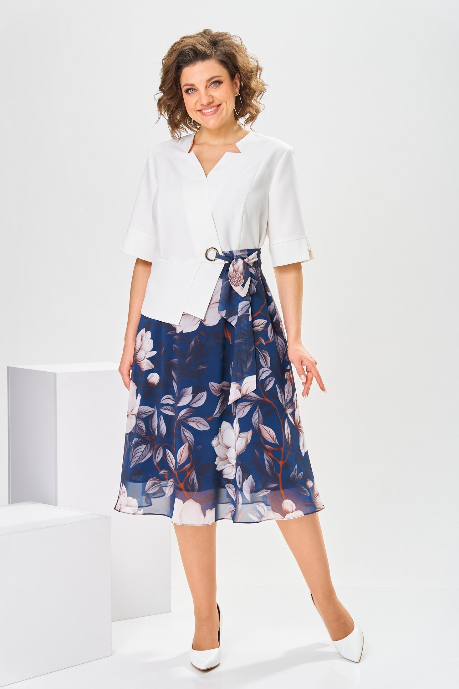 Robe femme midi fluide coton soie imprimé floral manches courtes – élégante