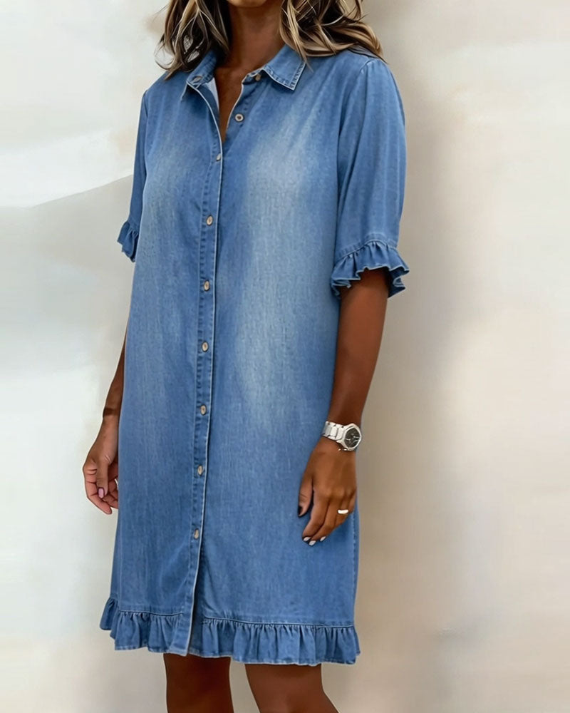 Robe femme en denim confortable avec boutons et détails volantés